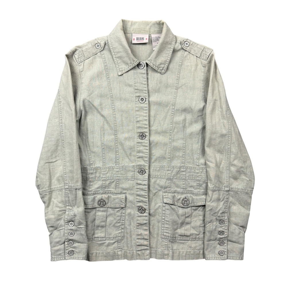 Bill Blass Sage Green Linen Cotton Utility Field Jacket Women Small Epaulets